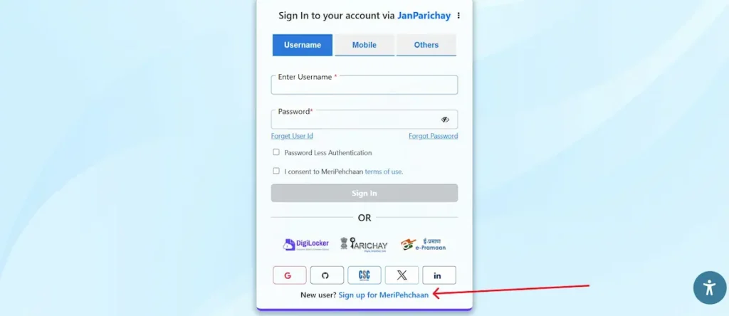 Click "New User? Sign up for MeriPehchaan" below.